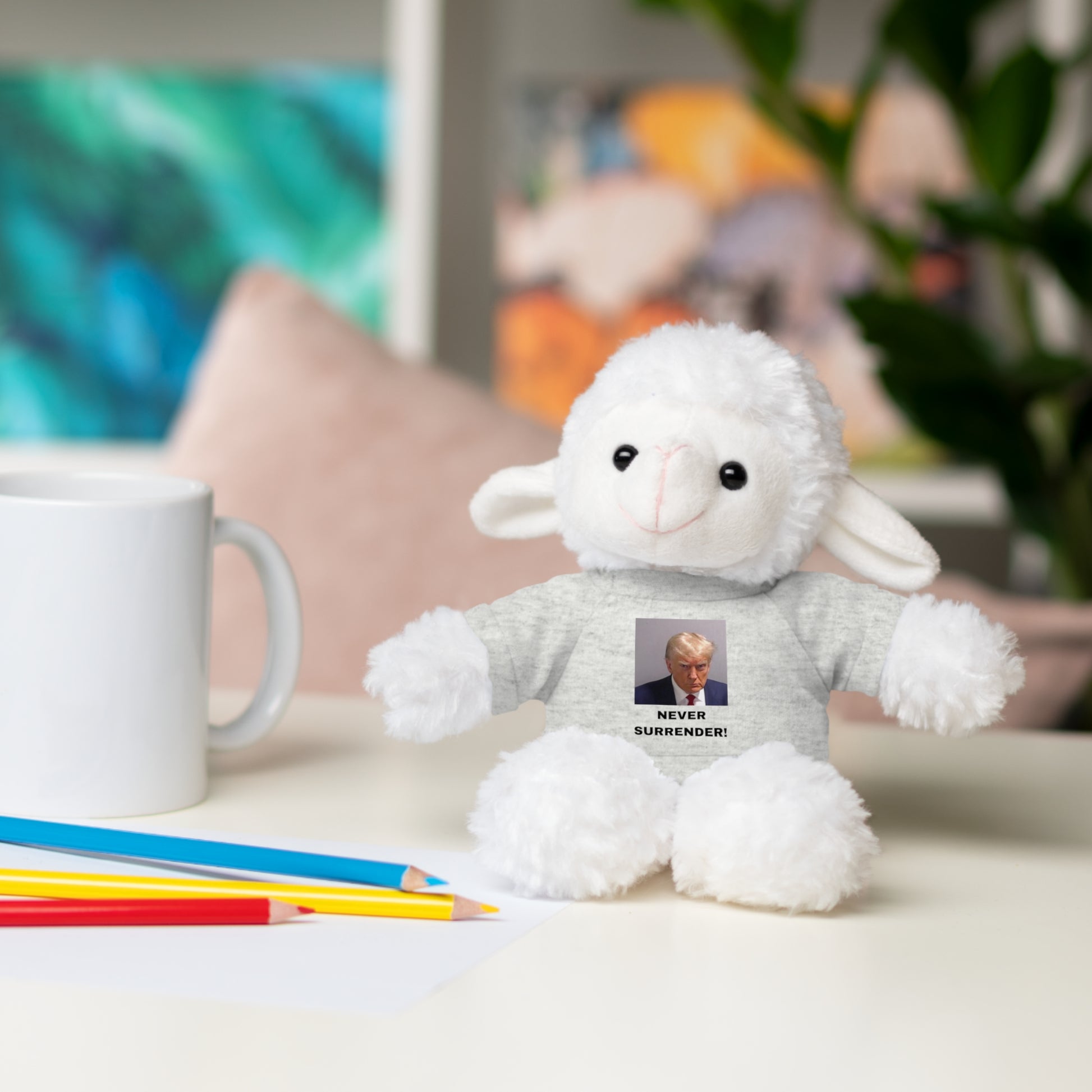 NEVER SURRENDER Trump Mugshot Stuffed Animal With T-Shirt