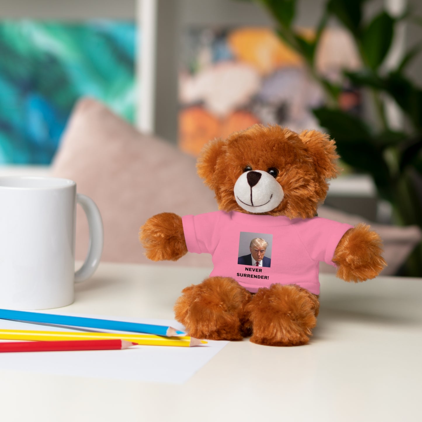 NEVER SURRENDER Trump Mugshot Stuffed Animal With T-Shirt