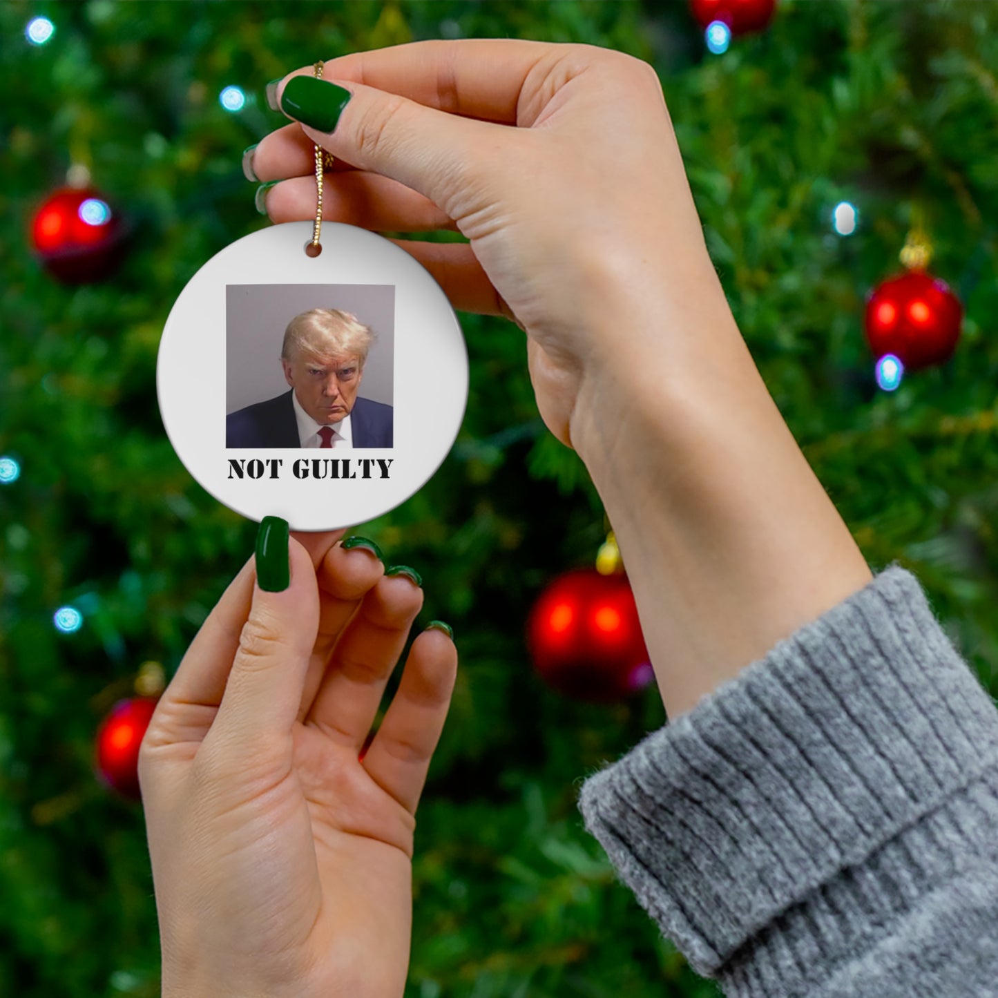 NOT GUILTY Trump Mugshot White Ornament