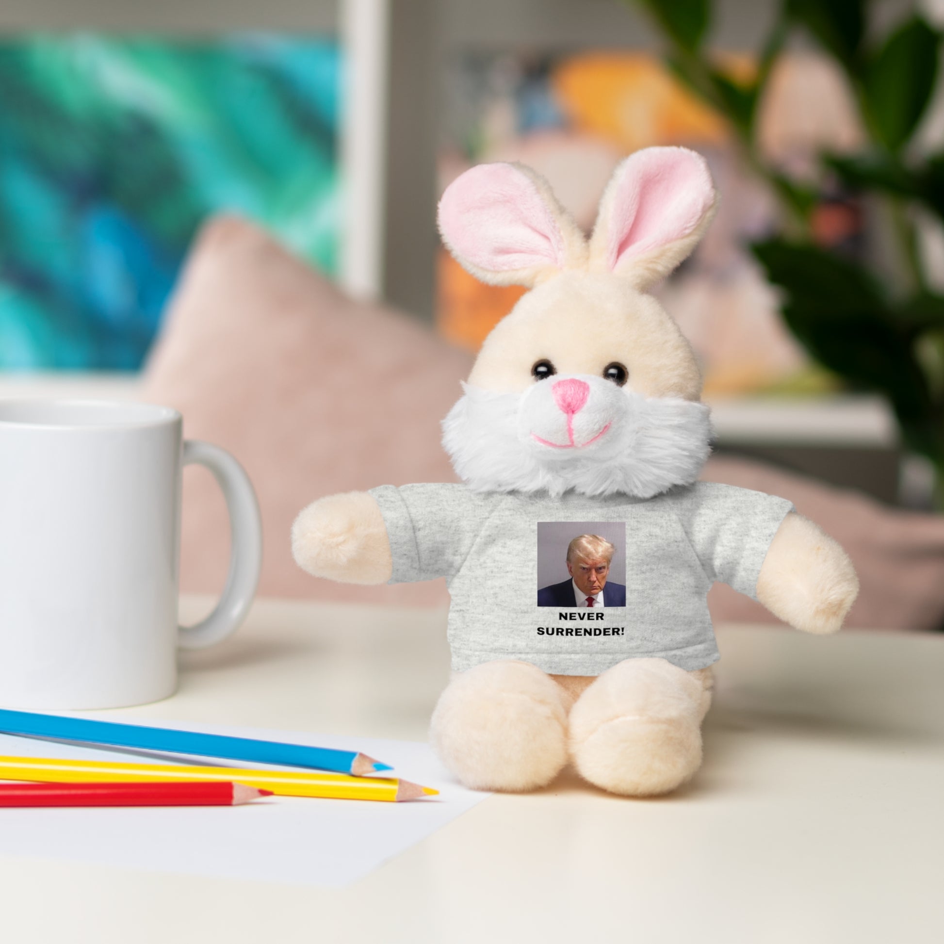 NEVER SURRENDER Trump Mugshot Stuffed Animal With T-Shirt