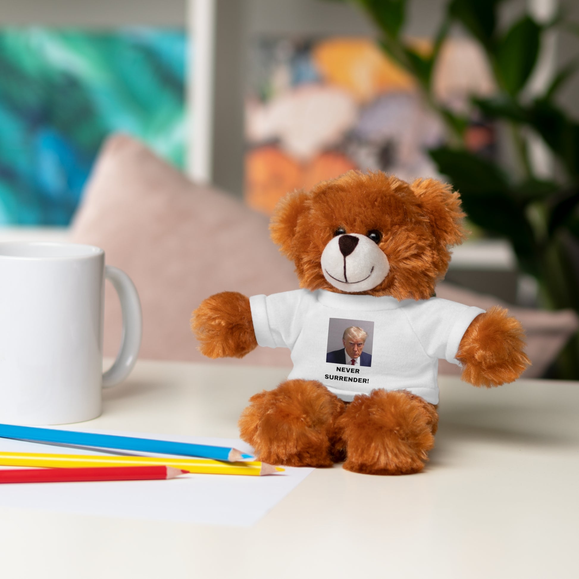 NEVER SURRENDER Trump Mugshot Stuffed Animal With T-Shirt