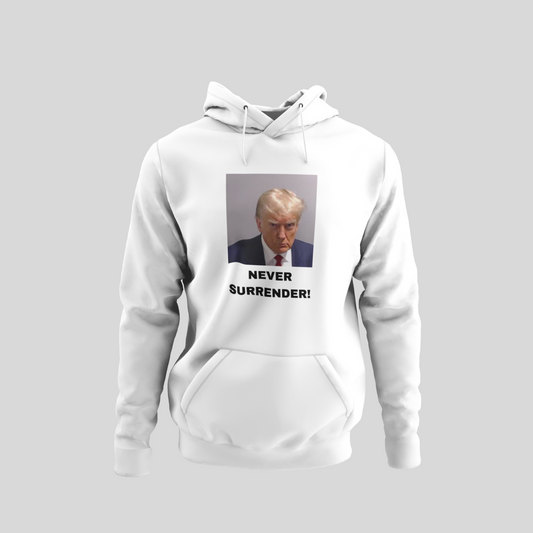 "Trump NEVER SURRENDER Mugshot" (In Color) Unisex Hooded Sweatshirt