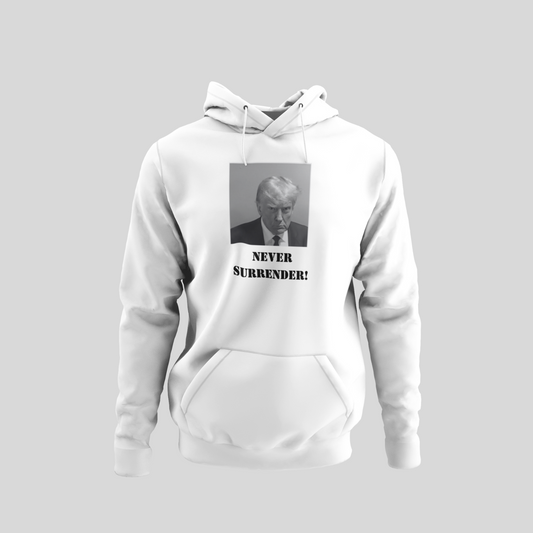 "Trump NEVER SURRENDER Mugshot" (In Black & White) Unisex Hooded Sweatshirt