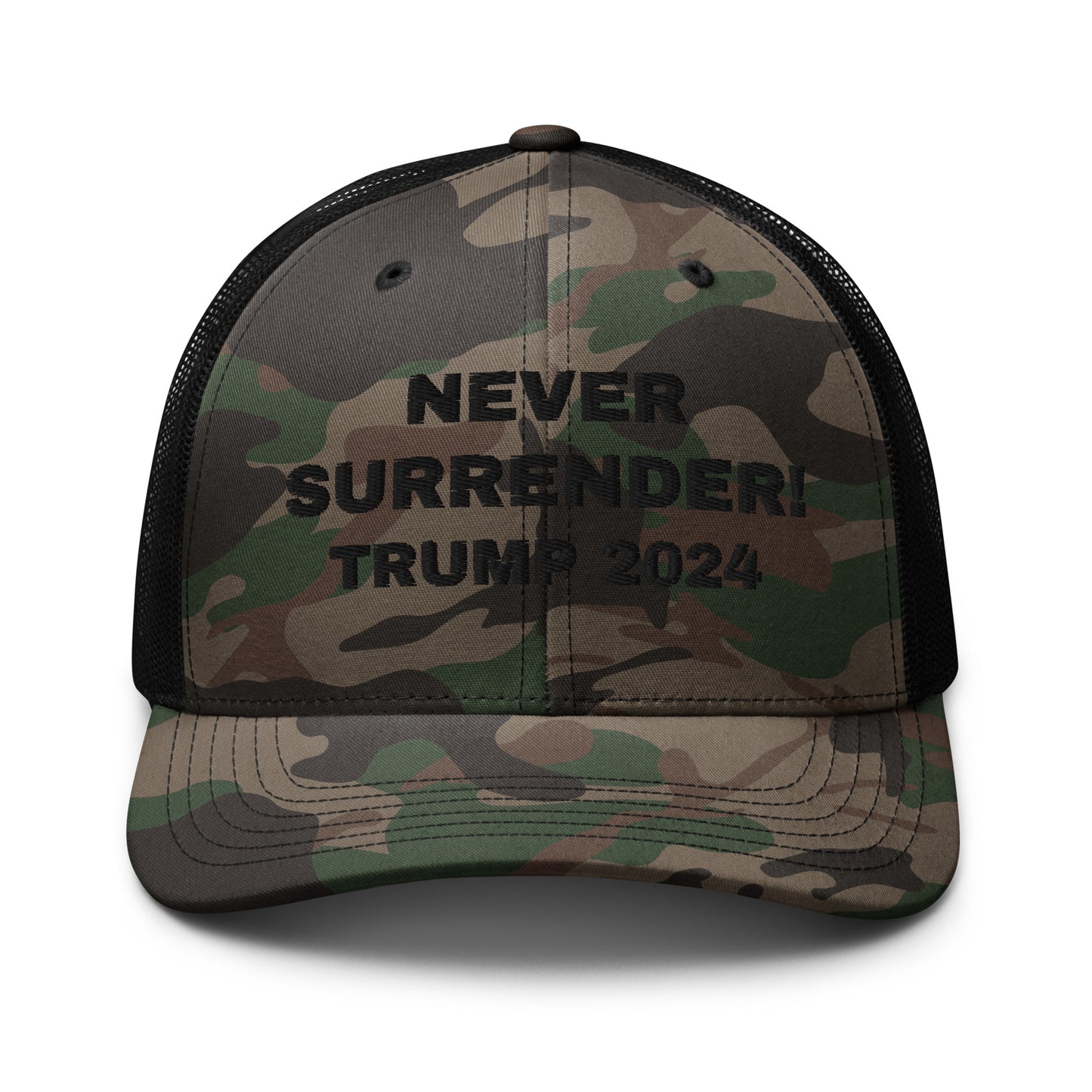 NEVER SURRENDER TRUMP 2024 Camouflage Trucker Hat