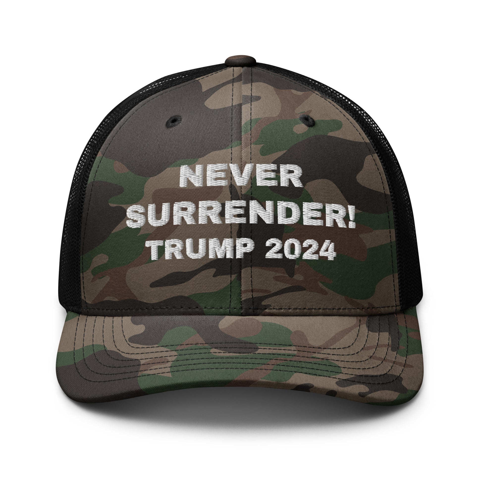 NEVER SURRENDER TRUMP 2024 Camouflage Trucker Hat