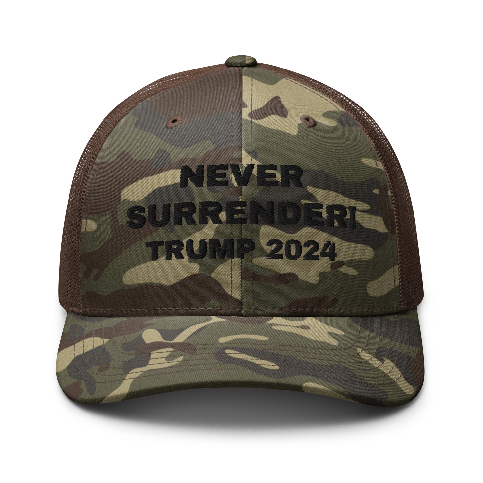 NEVER SURRENDER TRUMP 2024 Camouflage Trucker Hat