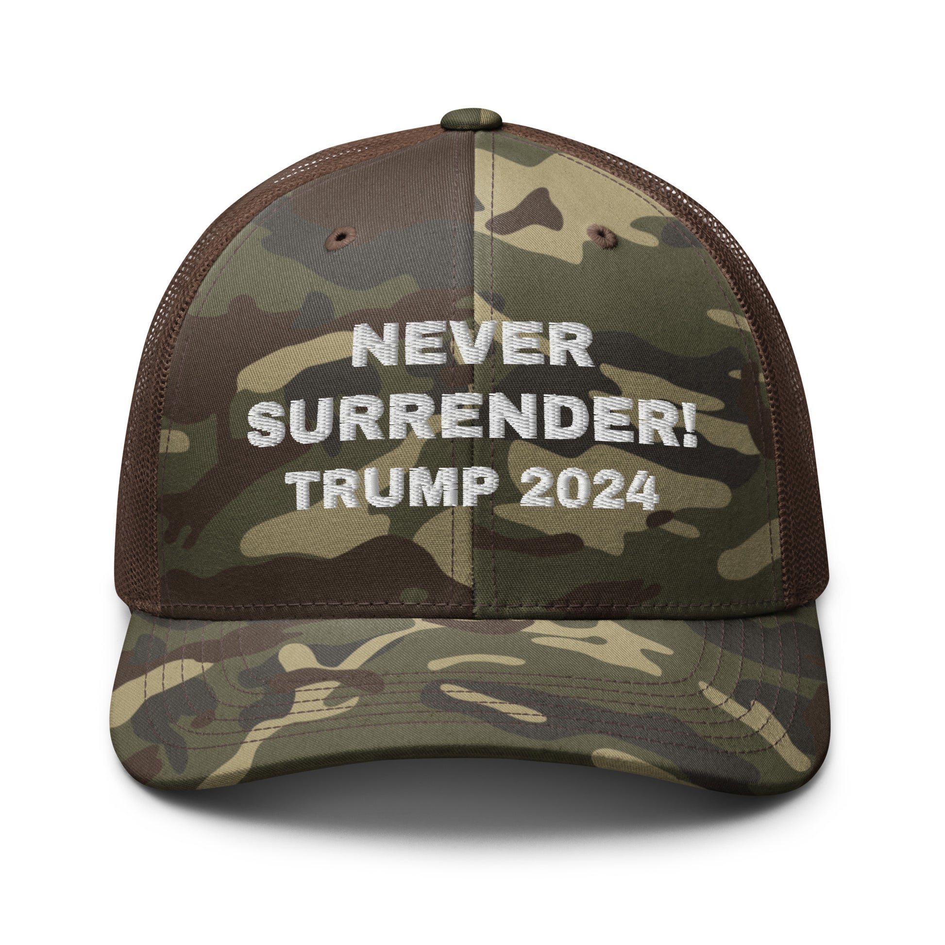 NEVER SURRENDER TRUMP 2024 Camouflage Trucker Hat