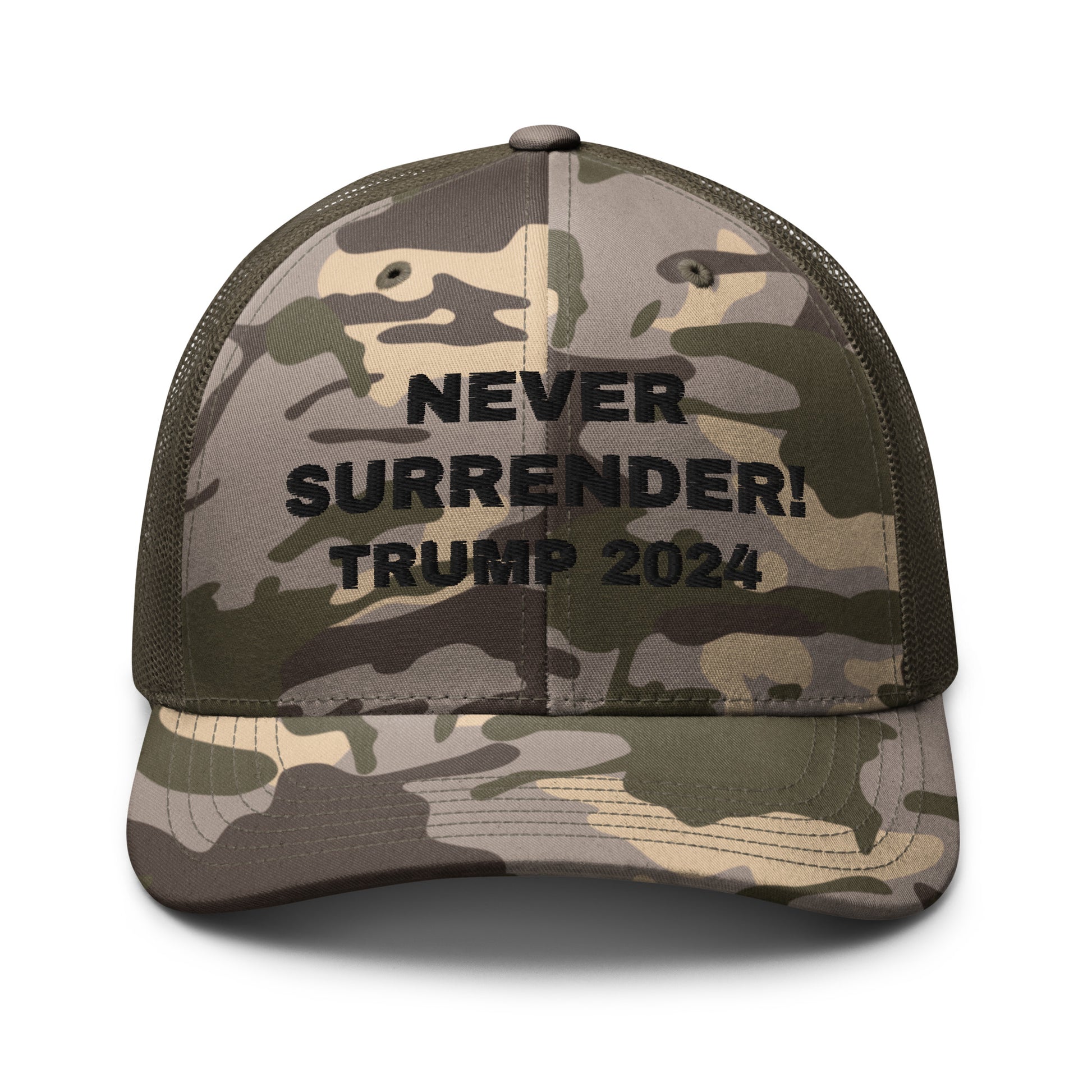 NEVER SURRENDER TRUMP 2024 Camouflage Trucker Hat