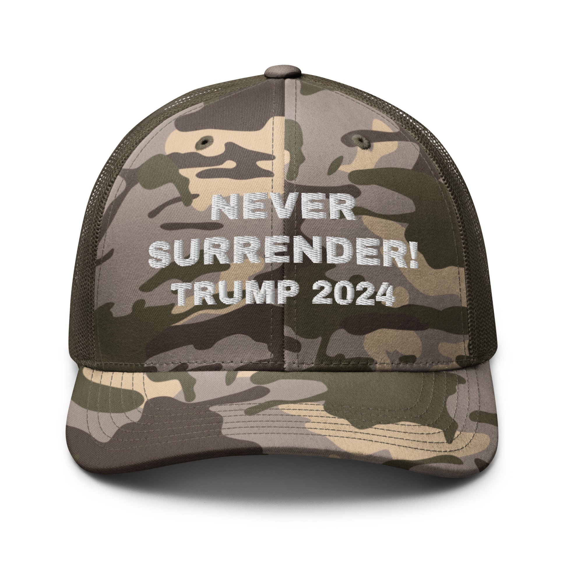 NEVER SURRENDER TRUMP 2024 Camouflage Trucker Hat